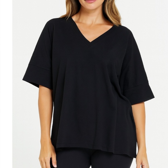 Natori top blouse T-shirt boxy black V-neck short sleeve SZ XL basic layering - Picture 1 of 9